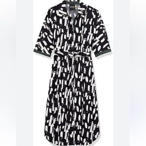 Lysse Womens Midi Marais Dress Medium Black White Stretch Button Up Preppy Chic